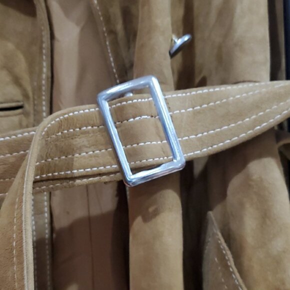 Vintage Tan Caramel Suede Leather Lined Trench Coat 70s 80s Dan Di Modes W Belt - Picture 6 of 16